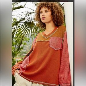NEW POL V-Neck Balloon Sleeve Thermal Sweater Orange Peach Size Small NWOT